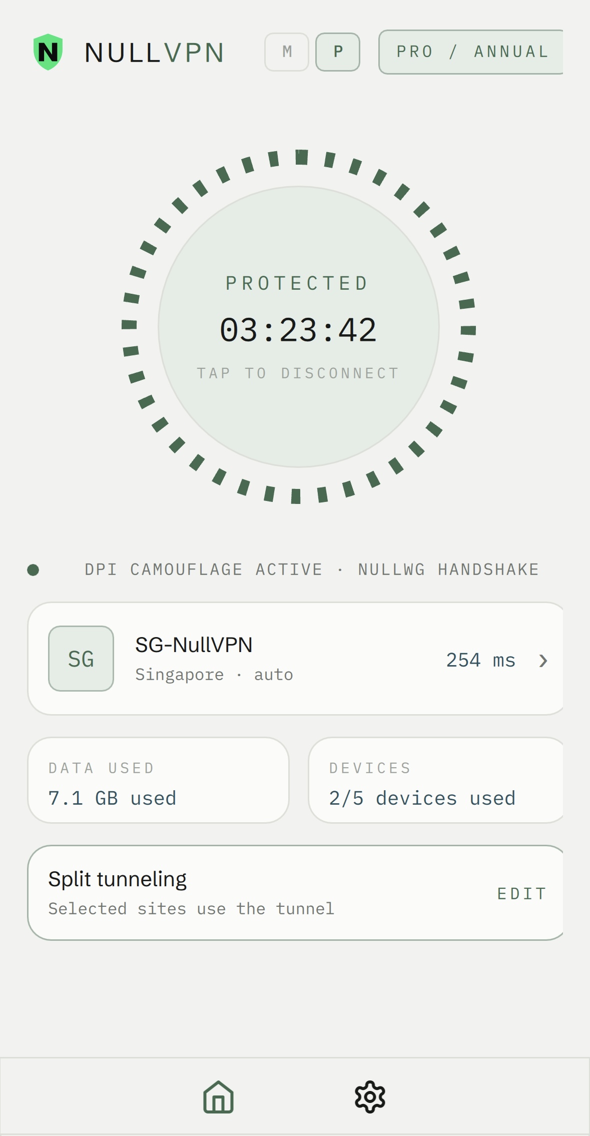 NullVPN app in Ghost theme showing an active tunnel