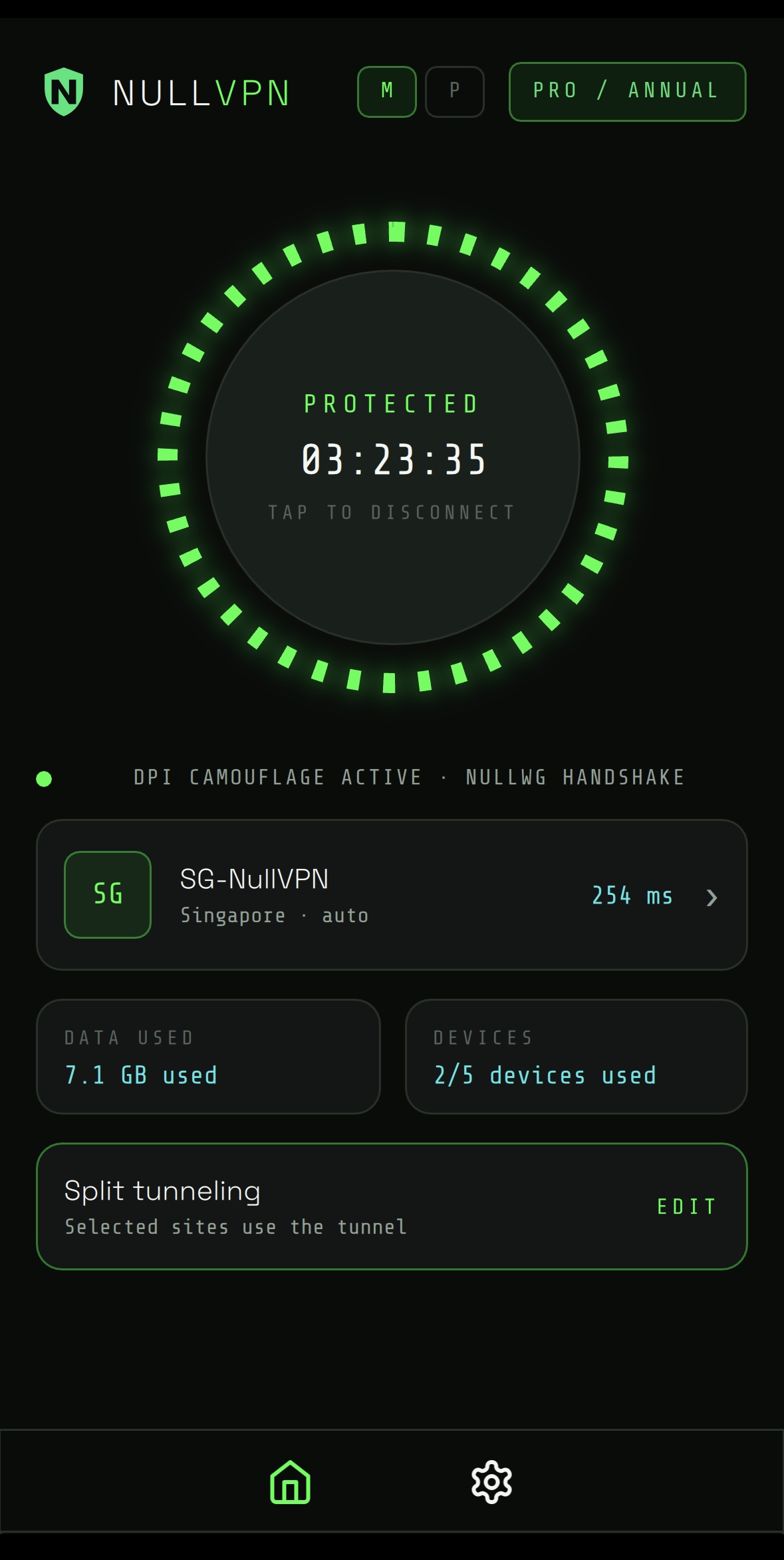 NullVPN app in Signal theme showing an active tunnel